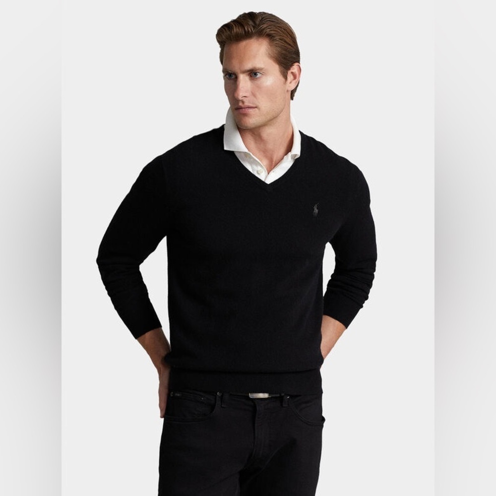 🔻 245$ POLO RALPH LAUREN Black Merino Wool V Neck Sweater XXL